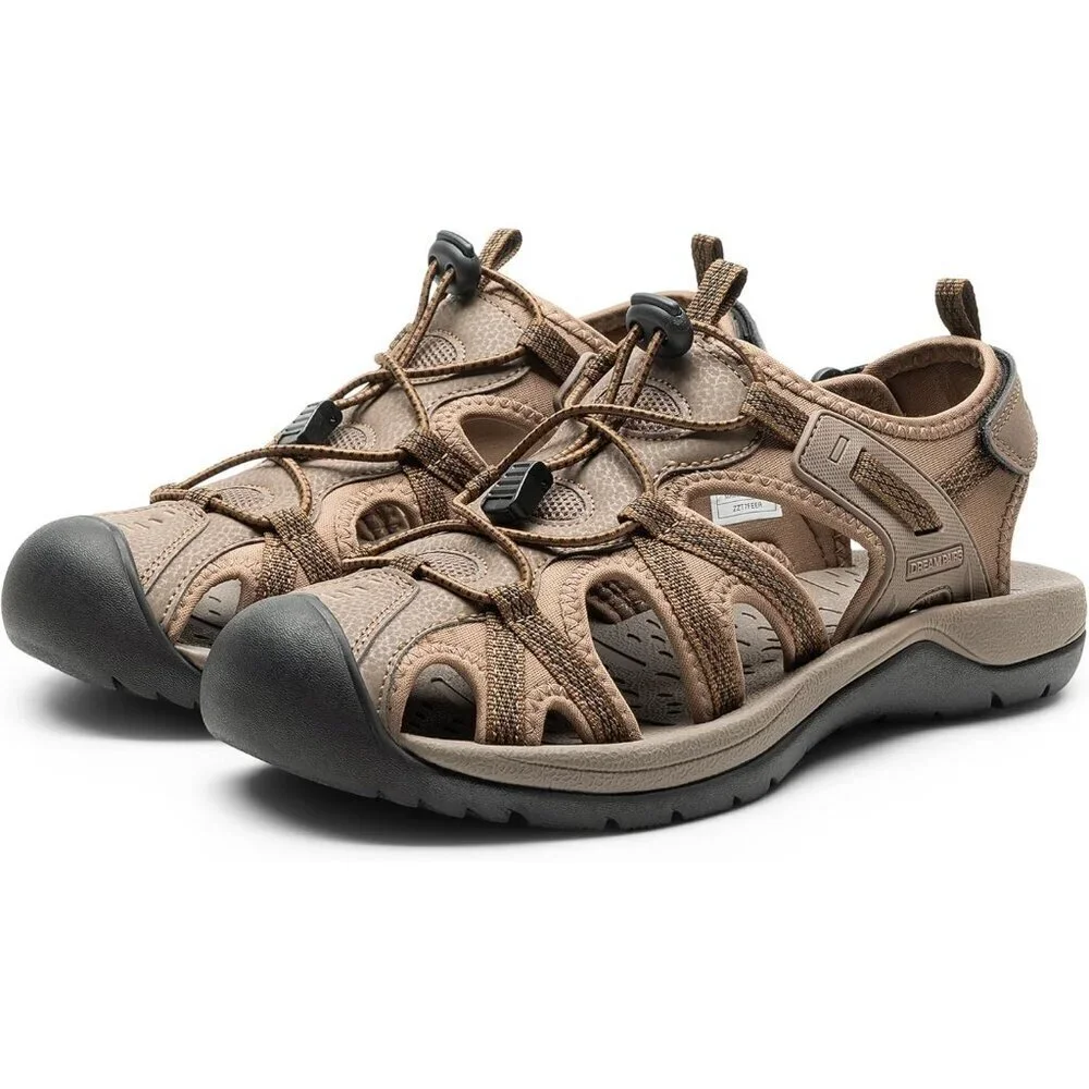 Casual Hiking Sandals Men's Khaki Athletic Cushioned Closed Toe Fisherman Shoes